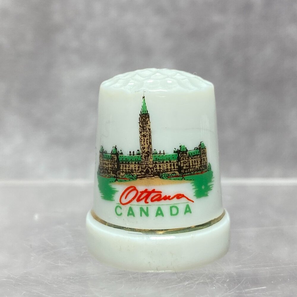 Ottawa Canada Souvenir Thimble  Parliament Design White Porcelain & Gold Trim